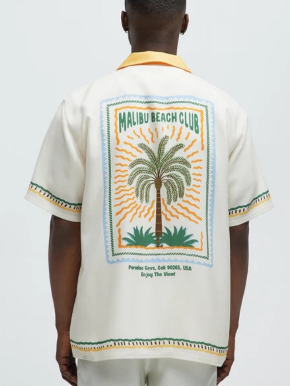 Men's Cream Short-Sleeve Resort Shirt with Yellow Collar - Picture 2 of 4
